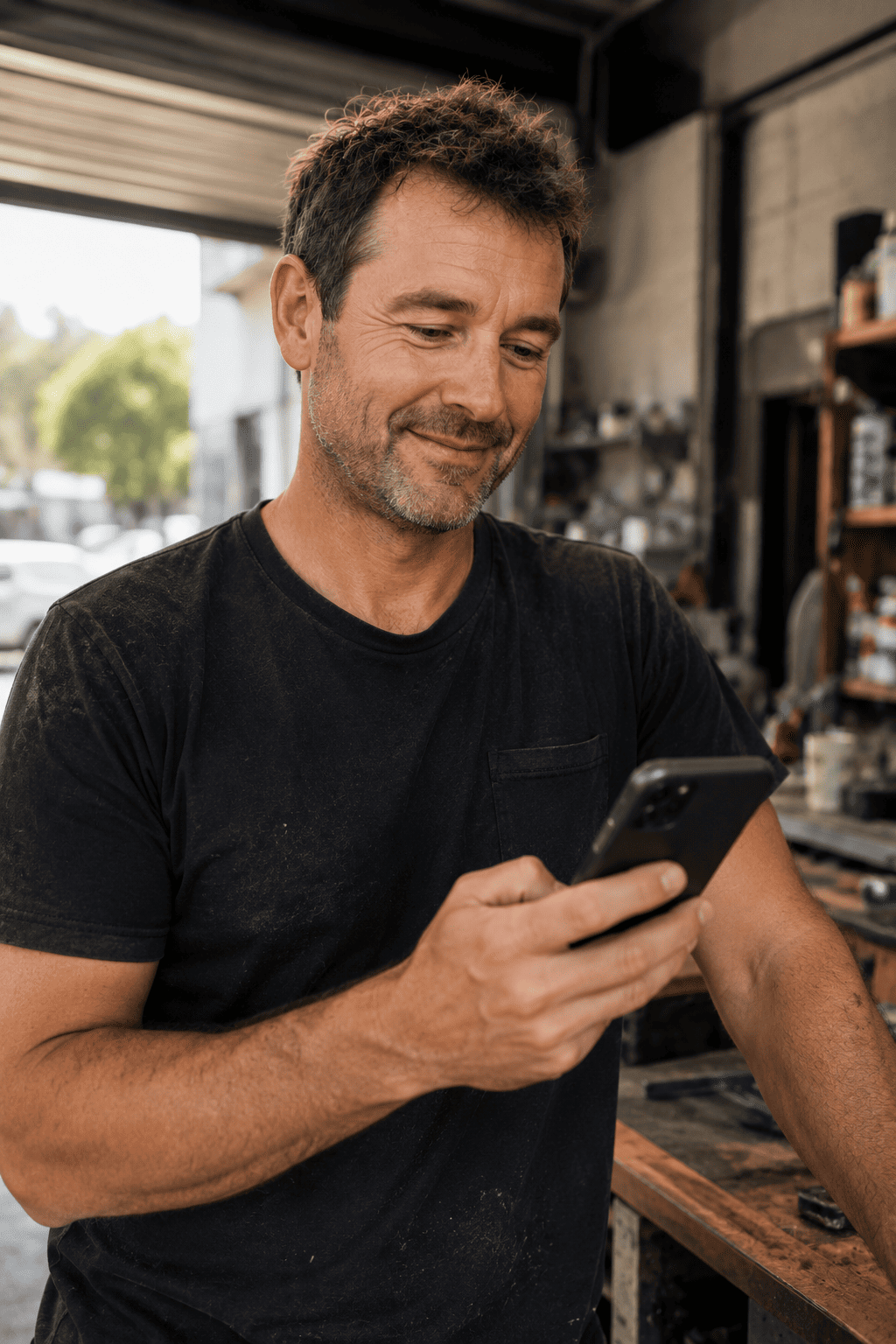 A small business owner relaxed, checking his phone in his workshop