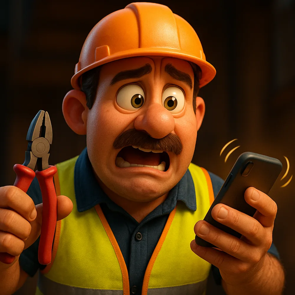 Close-up of a tradie's hands holding tools and a phone, too busy to answer a call