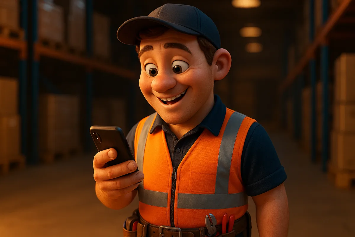 A tradesperson smiling at a phone confirming a job booking
